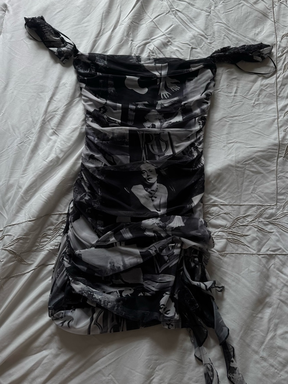 Black & White Ruched Off-Shoulder Mini Dress